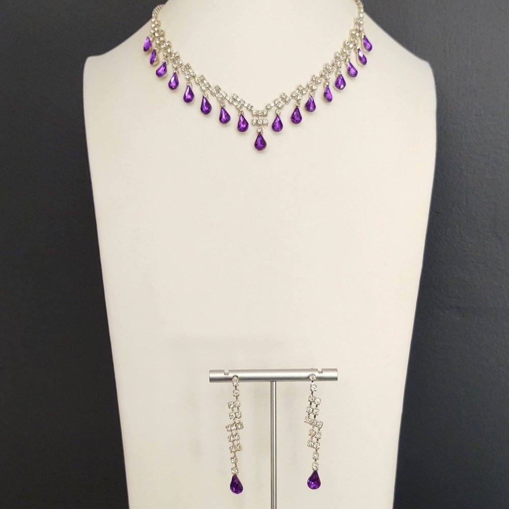 Purple teardrop & clear cz necklace & earring set